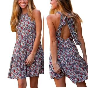 Natural Life Dress Halle Mini Short Halter Floral Blue Gray Open Back New Boho S